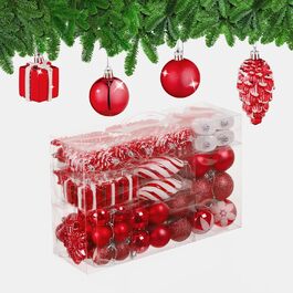 Relaxdays Weihnachtskugeln 72er Set, glitzernd/matt/glänzend, Stiefel/Herz/Zapfen, Kunststoff, Rot