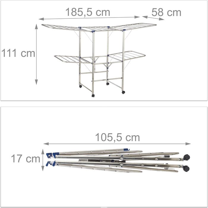 Relaxdays, Silber Wäscheständer XXL, Standtrockner, Türmständer mit Flügeln und Rollen, faltbar, HBT 111 x 185,5 x 53 cm, 80% Edelstahl