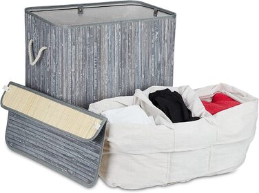 Relaxdays Wäschekorb, mit 3 Fächern, mit Deckel, rechteckiger Wäschesammler, HBT: 62 x 62,5 x 42,5 cm, aus Bambus,  10041530_49 (Grau)