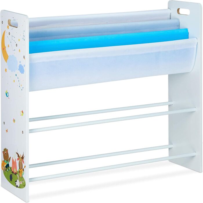 Relaxdays Kinderregal, 6 Boxen, 4 Stofffächer, Lagerfeuer Kindermotiv, Spielzeugregal HxBxT: 78 x 86 x 26,5 cm, bunt, 1 Stück