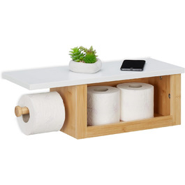 Relaxdays Toilettenpapierhalter mit Ablage, Klopapierhalter Bambus, offenes Fach, HBT: 17x50x18 cm, Wand, Natur/weiß