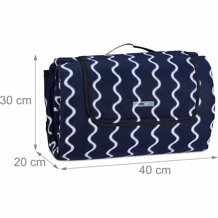 Relaxdays XXL Picknickdecke, 200x300 cm, Fleece Stranddecke, wärmeisoliert, wasserdicht, mit Tragegriff, dunkelblau/weiß