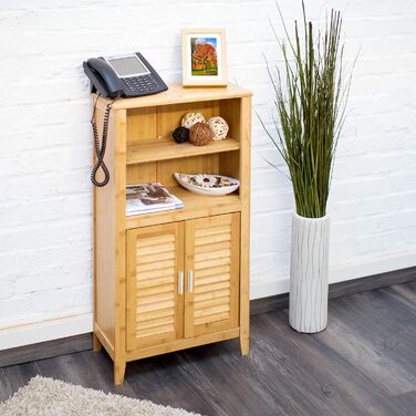 Relaxdays Badezimmerschrank Bambus, HBT: 92x50x25 cm, Badschrank mit Lamellentüren, natur, 1 Stück