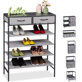 Relaxdays Schuhregal, 2 Schubladen, 4 Ablagen, 12 Paar Schuhe, offen, MDF, Stahl, HBT 95x72,5x35,5 cm, grau Design E