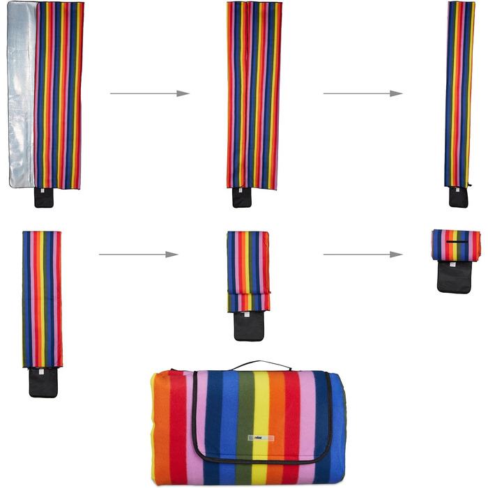 Relaxdays XXL Picknickdecke, 300x200cm, isoliert, wasserdicht, Fleece Stranddecke, gestreift, Isodecke, Tragegriff, bunt