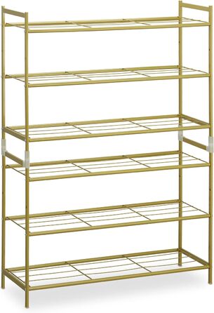 Relaxdays Metall Schuhregal, 3 Ebenen, erweiterbar, Flur Schuhgestell HBT 50 x 70 x 26 cm, 9 Paar Schuhe, offen, gold