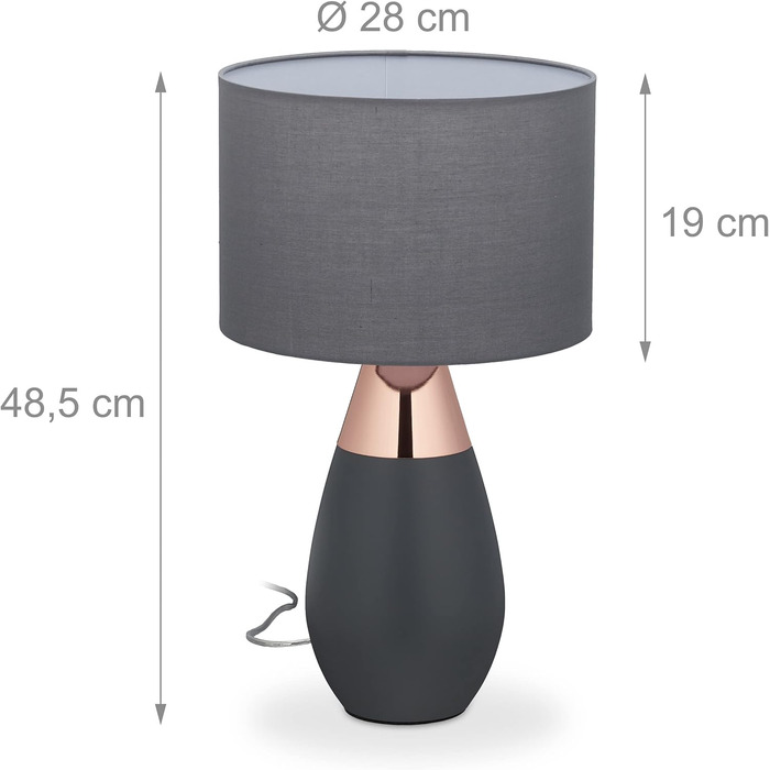 Relaxdays Nachttischlampe Touch dimmbar, 3 Stufen, E14, HxD: 48,5 x 28 cm, modern, Touch Lampe mit Schirm, (Grau/Kupfer)