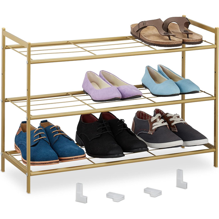Relaxdays Metall Schuhregal, 3 Ebenen, erweiterbar, Flur Schuhgestell HBT 50 x 70 x 26 cm, 9 Paar Schuhe, offen, gold