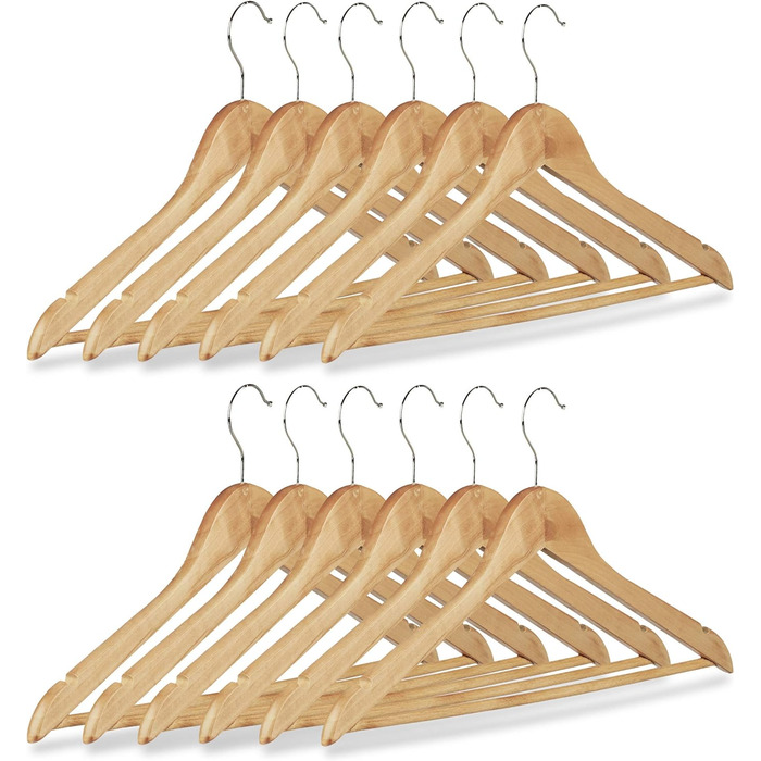 Relaxdays 84 x Kleiderbügel, Hosenbügel aus Holz, Garderobenbügel, Haken 360° drehbar, HxB: 22,5x44,5cm, Holzbügel, /Silber (1, Natur, 12er Pack)