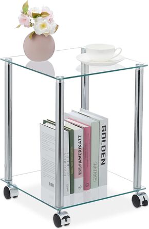 Relaxdays Beistelltisch mit Rollen, 2 Ablagen, eckig, Wohnzimmer, Glas & Stahl, mobiler Couchtisch, transparent/silber