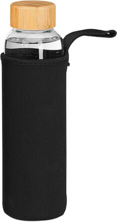 Relaxdays Trinkflasche mit Bambusdeckel, 6er Set, 500 ml, Wasserflasche mit Hülle, Borosilikatglas, transparent/schwarz 6er Set Transparent/ Schwarz