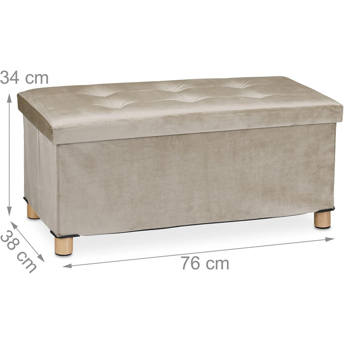 Relaxdays Sitzbank mit Stauraum, Samt, Holzfüße, bis 120 kg, faltbar, 34x76x38 cm, Creme