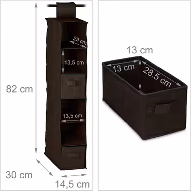 Relaxdays Hängeregal Stoff, 6 Fächer, 2 Schübe, für Kleiderschrank, HBT: ca. 82x14,5x30 cm, Dunkelbraun