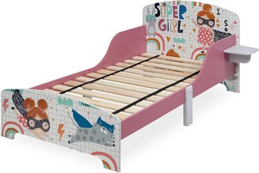 Relaxdays Kinderbett, HBT 60 x 94 x 143 cm, Kleinkindbett mit Ablage, Rausfallschutz, Lattenrost, Superheldin, MDF, bunt
