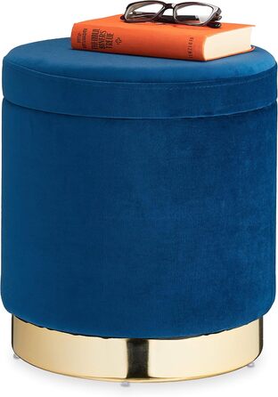 Relaxdays runder Samthocker mit Stauraum, elegant, H41,5 x D37 cm, blau/Gold