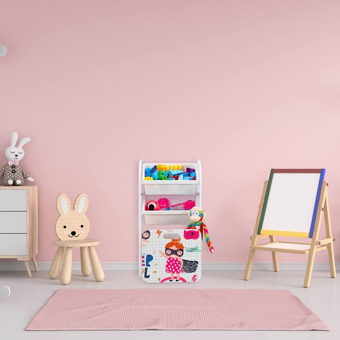 Relaxdays Kinderregal mit 3 Boxen, Heldin-Motiv, Kiste mit Rollen, 80,5x42,5x30 cm, schmales Spielzeugregal, weiß