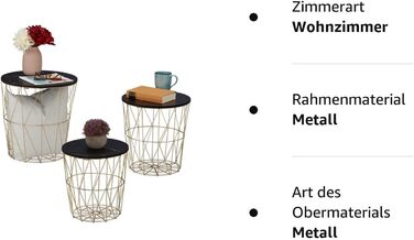 Relaxdays Korbtisch 3er Set, Beistelltisch Wohnzimmer, Metall & Marmoroptik, 3 Größen, Drahtkorb-Tisch, schwarz/Gold