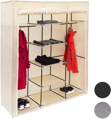 Relaxdays 1 x Faltschrank Valentin XXL, Stoffschrank, 2 Kleiderstangen, 9 Ablagen, Kleiderschrank, HBT 173 x 148 x 42,5 cm, beige 1 Beige 1 Stück