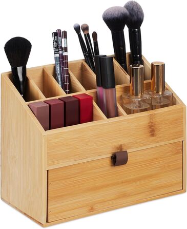 Relaxdays Kosmetik, Make up Organizer mit Schublade, Pinselhalter, Bambus, HxBxT: 19 x 25,5 x 12,5 cm, Natur