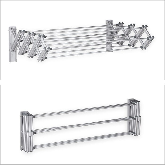 Relaxdays Wäscheständer für Wandmontage, 8 m Trockenleine, ausziehbar, HBT: 27x95x60 cm, Aluminium Wandtrockner, silber