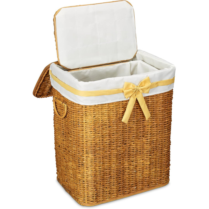 Relaxdays 2er Set geflochtene Buri Wäschetruhe, stapelbar, mit herausnehmbarem Wäschesack, 67 L, Honigbraun