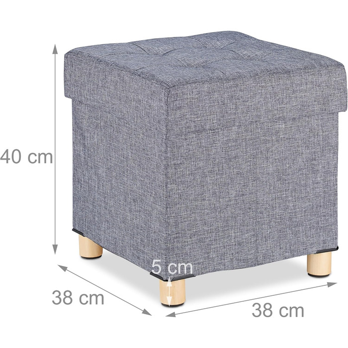 Relaxdays Sitzhocker mit Stauraum, gepolstert, gesteppt, Stoffbezug, 40x38x38 cm, Dunkelgrau