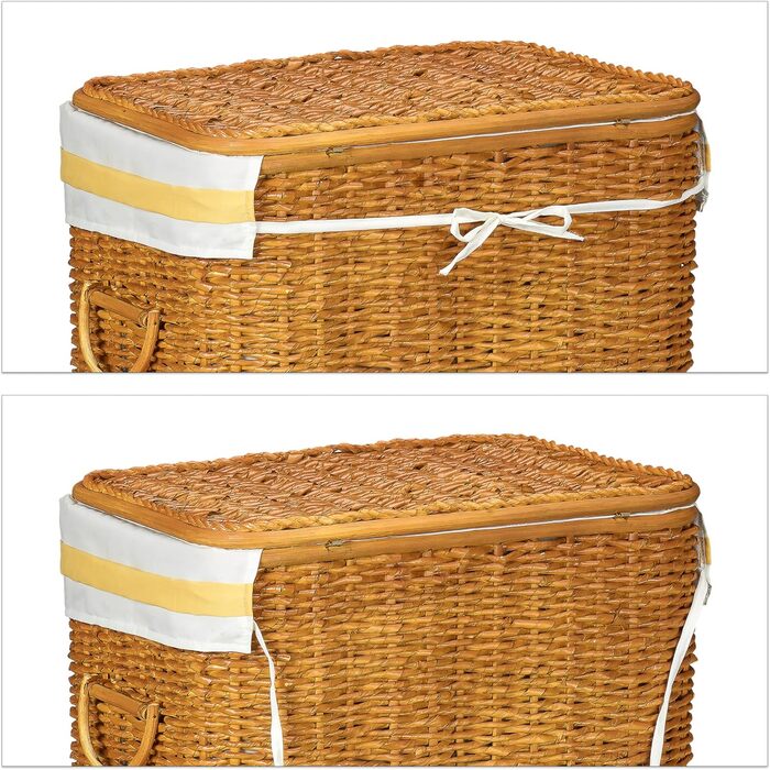Relaxdays 2er Set geflochtene Buri Wäschetruhe, stapelbar, mit herausnehmbarem Wäschesack, 67 L, Honigbraun