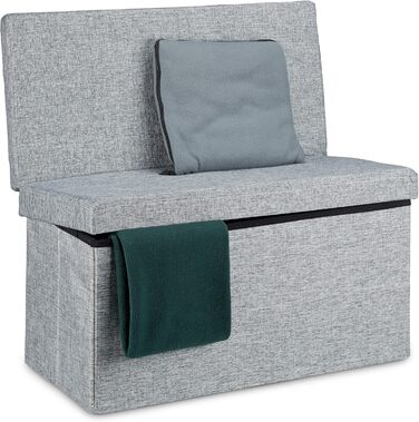 Relaxdays Faltbarer Sitzhocker mit Lehne, 73x76x38 cm, Sitzbank & Sitzcube, Leinen, Stauraum, grau