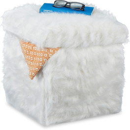 Relaxdays Sitzwürfel Fell, Faltbar, Gepolstert, Plüsch, Hocker mit Stauraum, 40 L, 39x38x38 cm, weiß