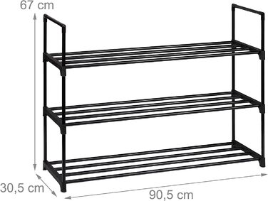 Relaxdays Schuhregal Stecksystem, 3 Ebenen, für 12 Paar Schuhe, HBT: 67 x 90,5 x 30,5 cm, Schuhständer Metall, schwarz 100361