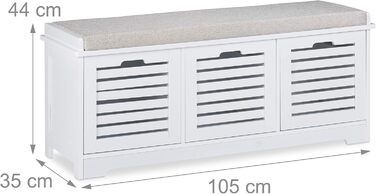 Relaxdays Sitzbank mit Stauraum, 3 Körbe & Sitzkissen, Landhausstil, 44x105x35 cm, weiß