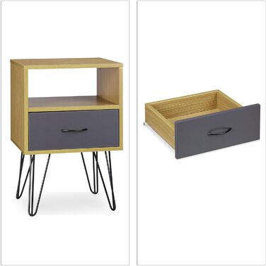 Relaxdays Retro Nachtschrank, Schublade, Holzoptik, Metallbeine, Vintage, 60x40x35 cm, braun