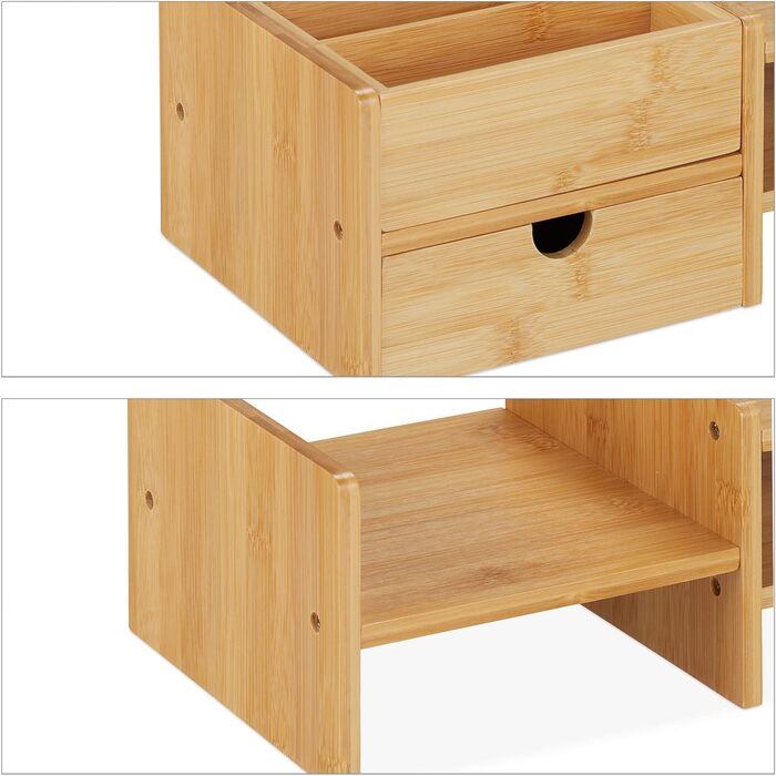 Relaxdays Monitorständer, Bambus, mit Schublade & 5 Fächern, 13x70x19 cm, Natur