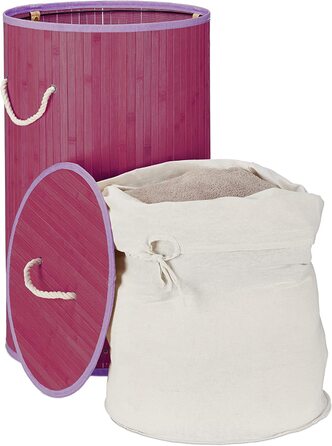 3x faltbare Wäschetonne Bambus mit Deckel, 70L, Wäschesack Baumwolle, rund Ø 4 cm, grau (Lila, Weiß, 3)