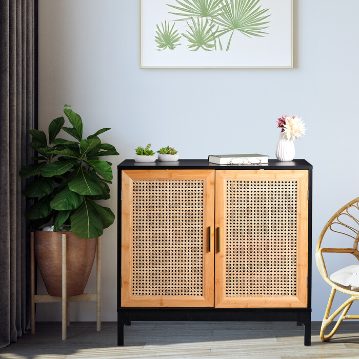 Relaxdays Sideboard mit 2 Rattan-Türen