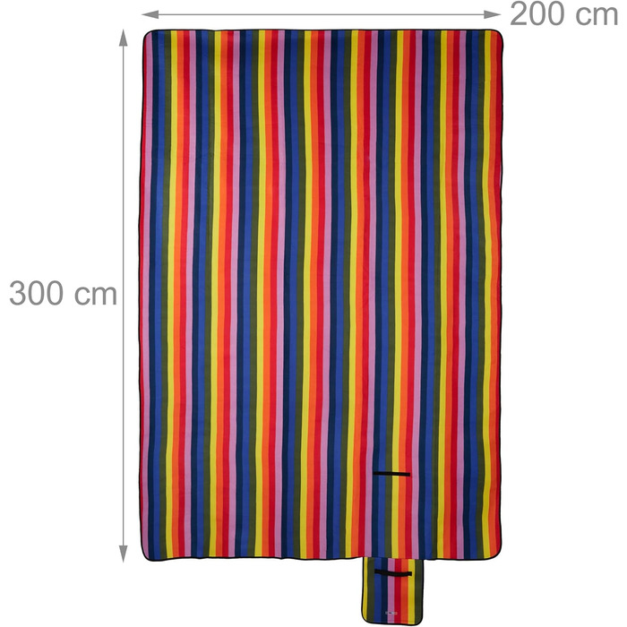 Relaxdays XXL Picknickdecke, 300x200cm, isoliert, wasserdicht, Fleece Stranddecke, gestreift, Isodecke, Tragegriff, bunt