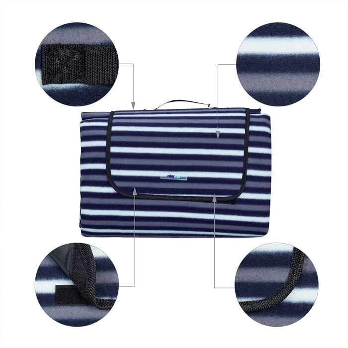 Relaxdays XXL Picknickdecke, 200x300 cm, isoliert, wasserdicht, gestreifte Fleece Stranddecke, weich, Tragegriff, bunt