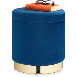 Relaxdays runder Samthocker mit Stauraum, elegant, H41,5 x D37 cm, blau/Gold
