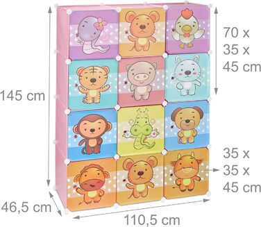 Relaxdays,  Steckregal Kinderzimmer, Tiermotive, Jungen, Türen, Kleiderstangen, Kunststoff Kleiderschrank, 145x110cm, 60%, Standard (Rosa)