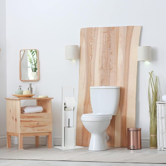 Relaxdays, Klobürste, Klopapierhalter, Toilettenbürste, Toilettenpapierhalter, Bambus, HBT 82x36x21 cm, weiß WC Garnitur, Edelstahl, Kunststoff, 36 x 21 x 82 cm