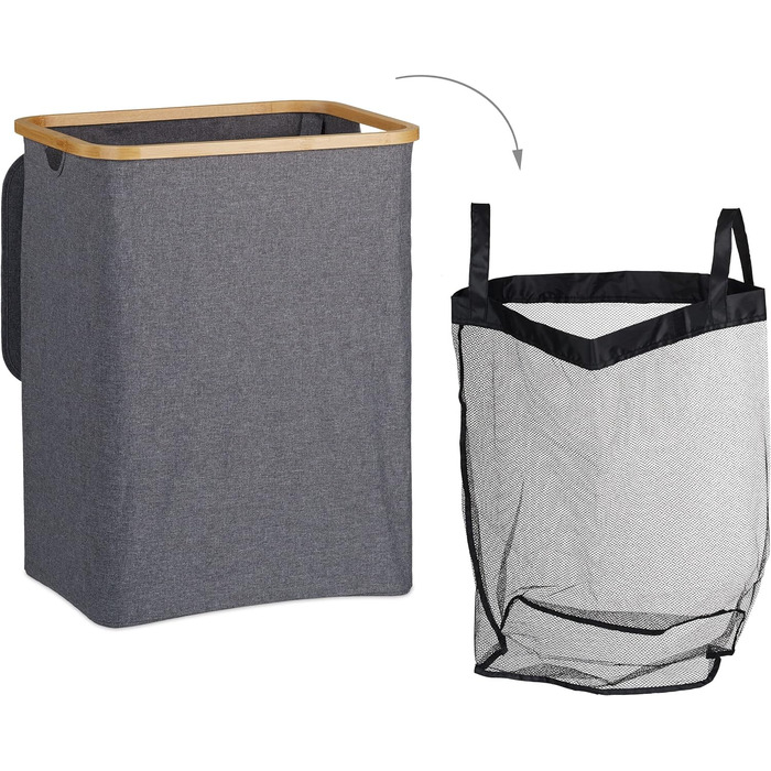 Relaxdays Wäschekorb mit Deckel, 130 l, Wäschesammler Bambus & Polyester, tragbar, atmungsaktiver Wäschesack, grau/Natur, 90 10, 67.5 x 56.5 x 37.5 cm 67.5 x 56.5 x 37.5 cm Grau/Natur
