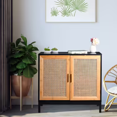 Relaxdays Sideboard mit 2 Rattan-Türen