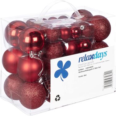 Relaxdays Xmas-Kugeln, 50er Set, glitzernd & matt, Kunststoff, ∅ 3, 4 & 6 cm, rot