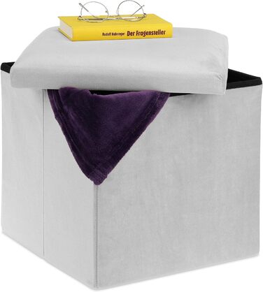 Relaxdays Sitzhocker, faltbar, 38x38x38 cm, Stauraum, MDF & Samt, hellgrau