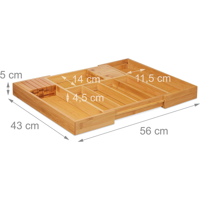 Relaxdays Besteckkasten Bambus, ausziehbar, 2 Messerblöcke, Schubladeneinsatz, HBT 5x56x43 cm, natur
