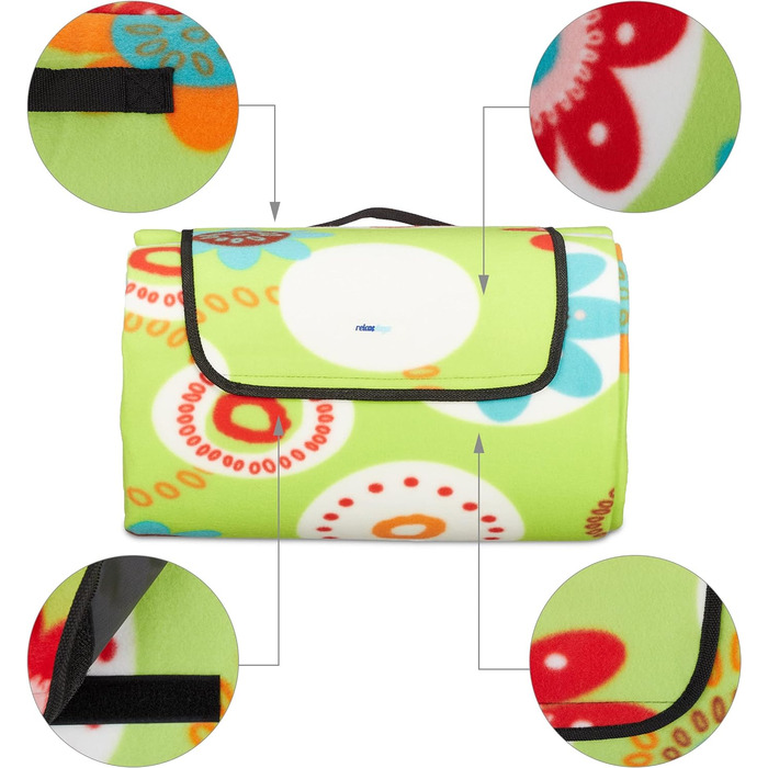 Relaxdays XXL Picknickdecke, 200x300 cm, isoliert, wasserdicht, Blumen, Fleece Stranddecke, weich, mit Tragegriff, bunt 200x300 cm Bunt