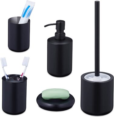Relaxdays Badezimmer Set, 5-teilig, Badbecher, Zahnbürstenhalter, Seifenspender- & Schale, Klobürste, Edelstahl, schwarz, 10038871