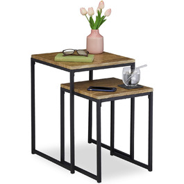 Relaxdays, stapelbar, Satztisch 2 Größen, quadratisch, Metall, Holzoptik/schwarz, Eisen, Beistelltisch 2er-Set im Industrie-Design