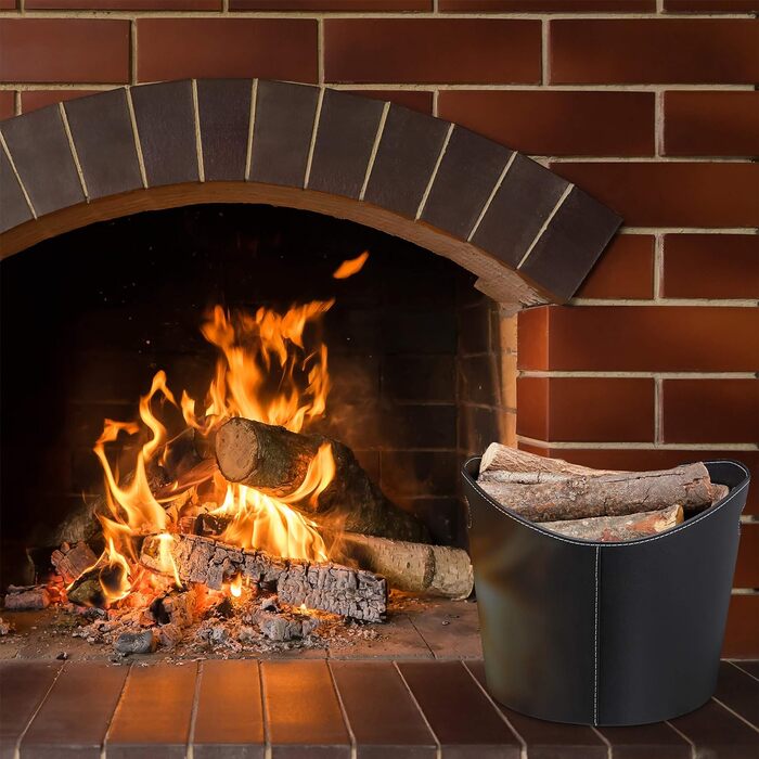 Relaxdays, schwarz Kaminholzkorb Kunstleder  stabiler Feuerholzkorb mit Tragegriffen, für Brennholz & Zeitungen, oval, 80% Pappe (L, Single)