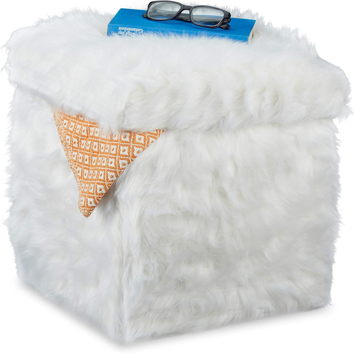 Relaxdays Sitzwürfel Fell, Faltbar, Gepolstert, Plüsch, Hocker mit Stauraum, 40 L, 39x38x38 cm, weiß
